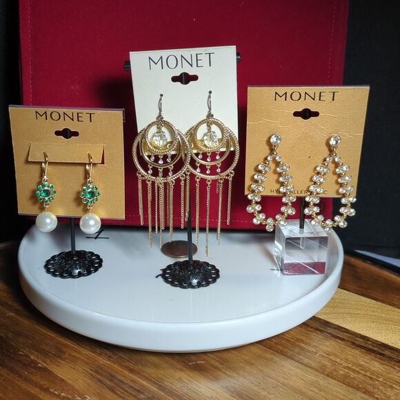 Monet‎ Earrings Lot Of 3 Shiny Gold tone Dangle Drop. New - Picture 1 of 11